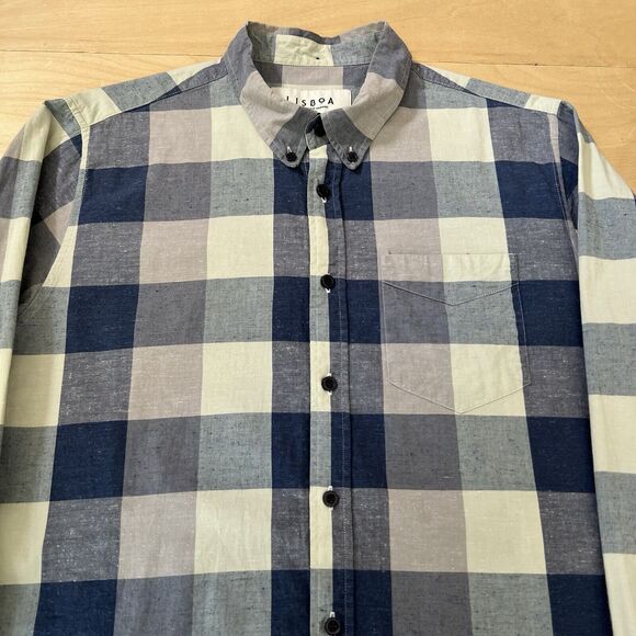 Lisboa Shirt Medium Blue Check Long Sleeve Button Up Oxford Made in Portugal - Picture 3 of 10